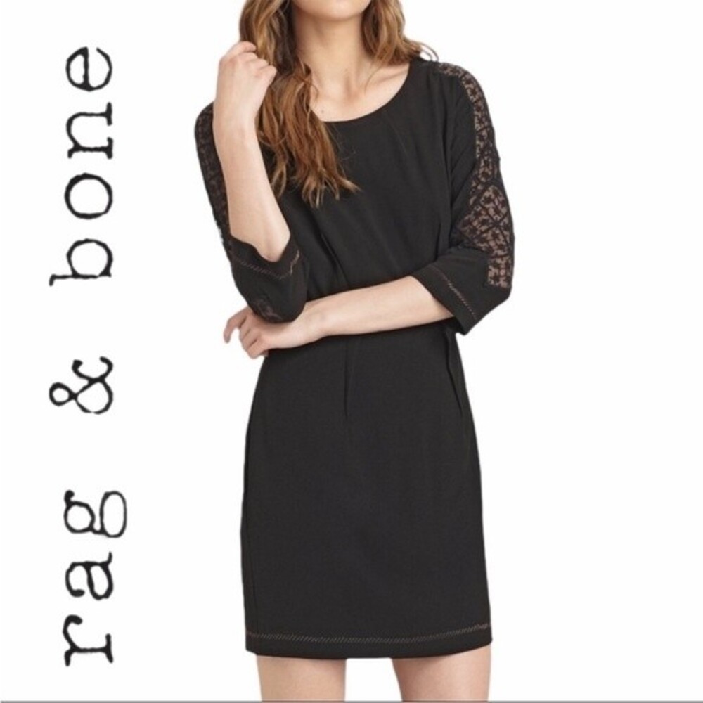 Rag & Bone Black 3/4 Lace Sleeve Mini Dress with Stitching Detail, Size XS
